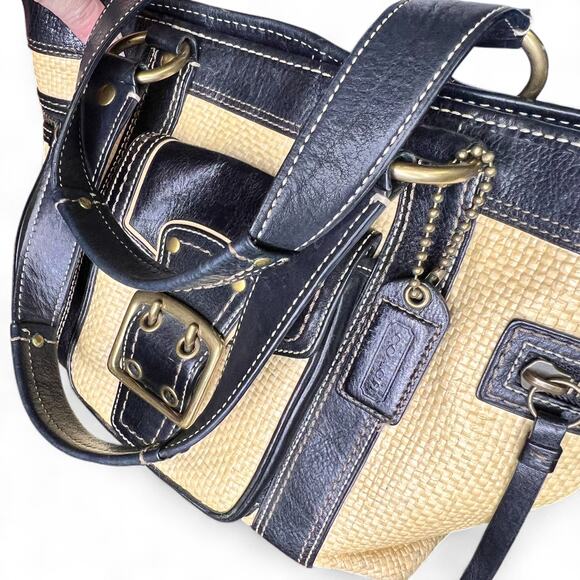 Vintage Coach Legacy Straw Tote Bag M05K-113 Black Leather Trim Y2K - Picture 2 of 9
